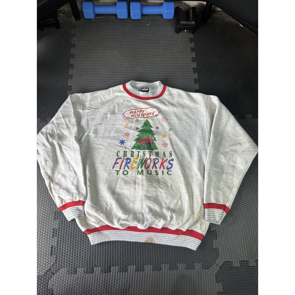 Vintage UltraCLUB Christmas Fireworks Sweatshirt Large White Holiday‎ Pullover